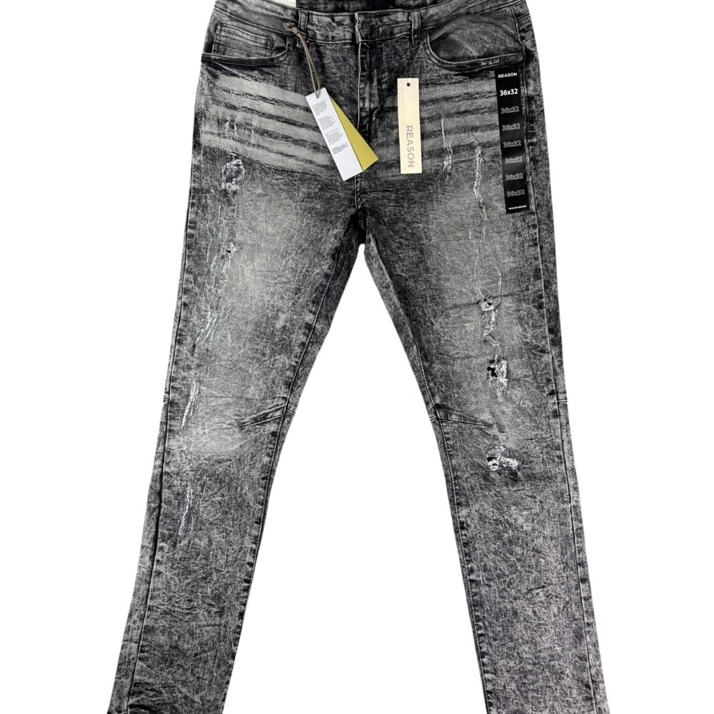 Reason Skinny Jeans Mens 36x32 Gray Whiskering Denim Acid Wash Distressed Casual